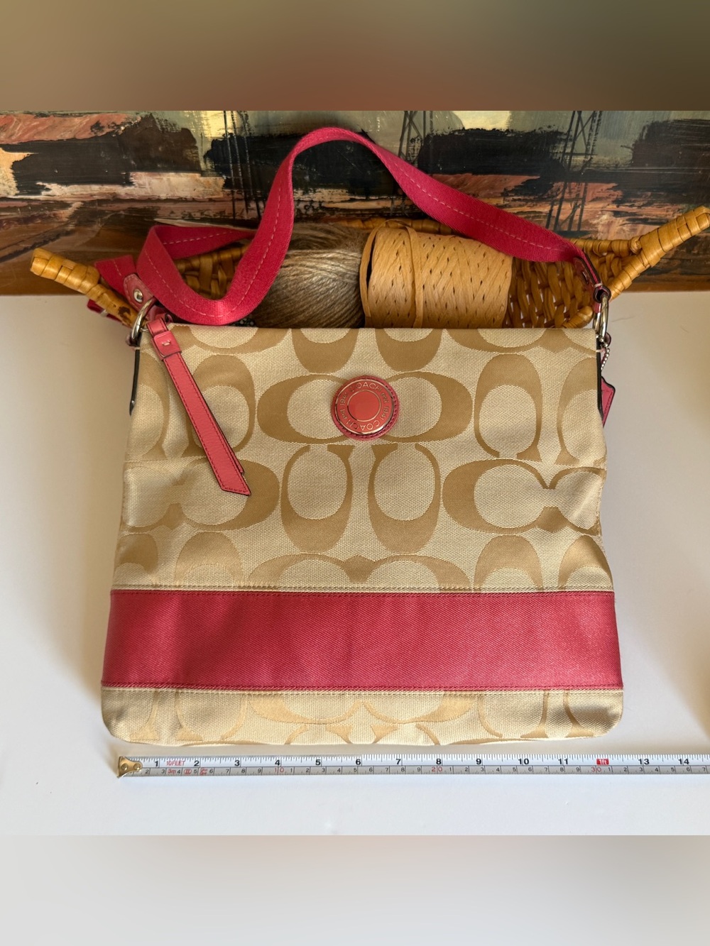 Coach Signature Stripe Khaki Pink Canvas File Crossbody Bag F19220 Like New